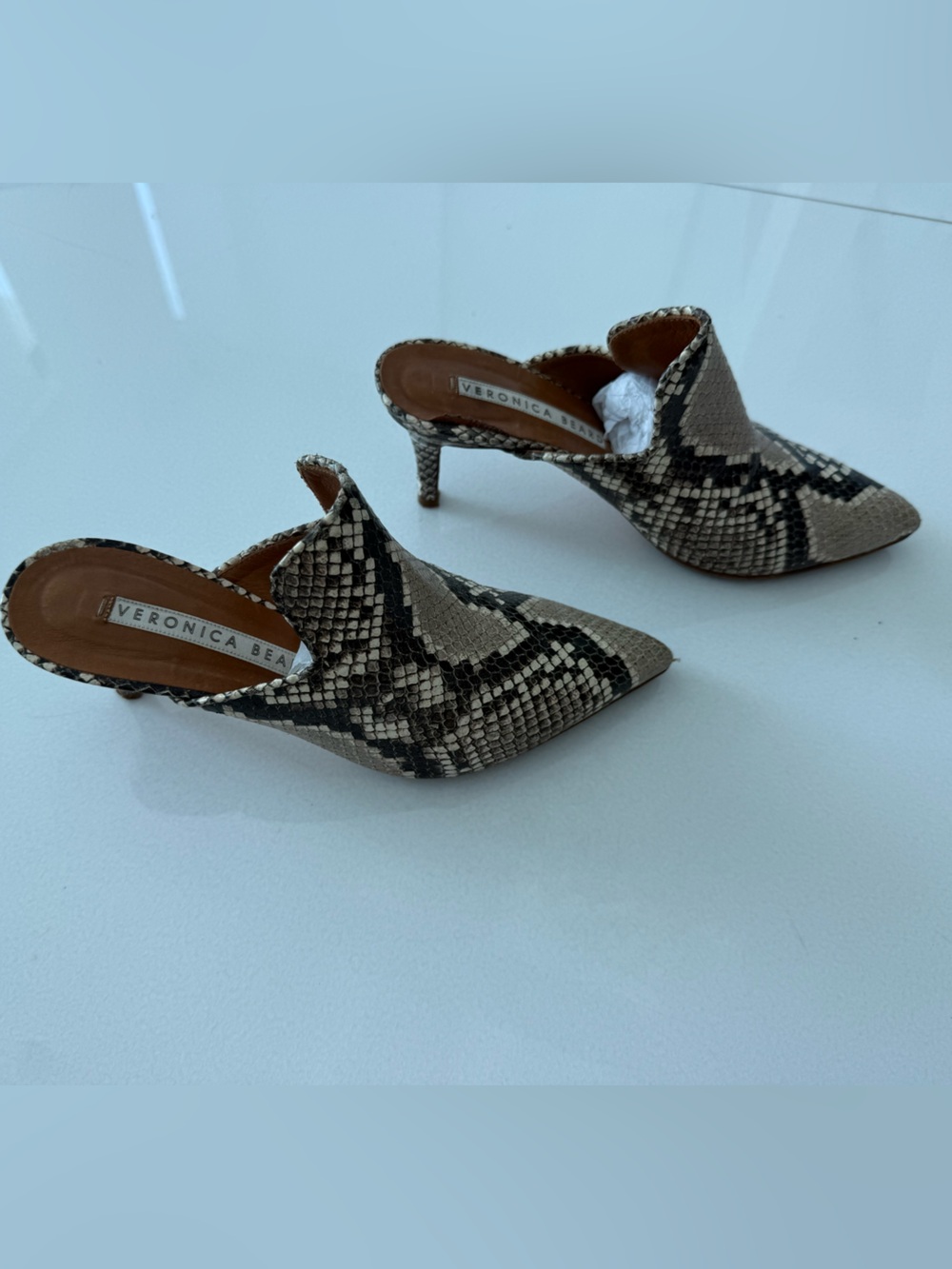 Veronica Beard Neutral Snake Pointed Mule Heels with dust bag